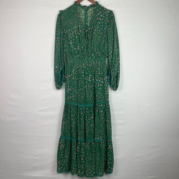 Three Floor Hansen Floral Long Puff Sleeve Ruffle Flowy Maxi Dress Green 4 - Picture 3 of 12